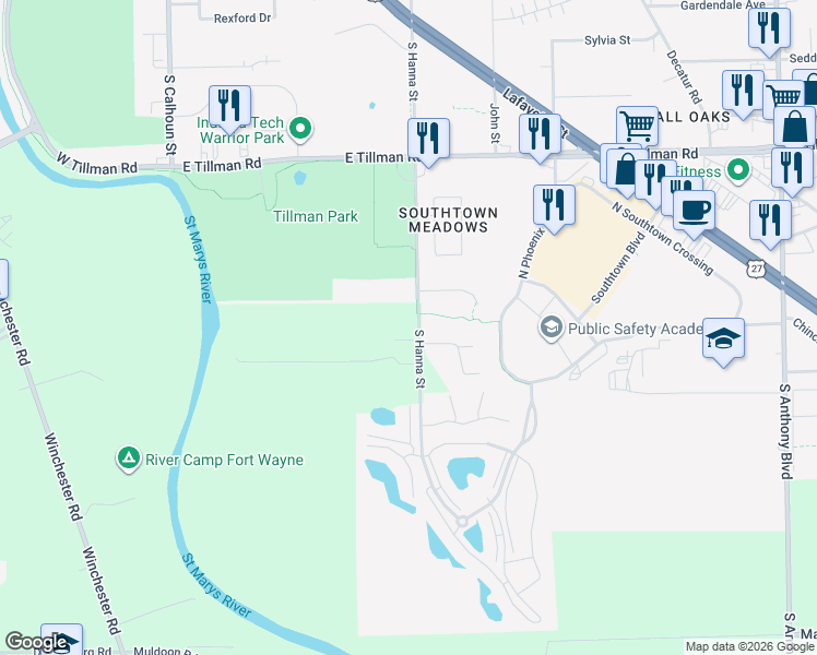 map of restaurants, bars, coffee shops, grocery stores, and more near 7676-7772 South Hanna Street in Fort Wayne