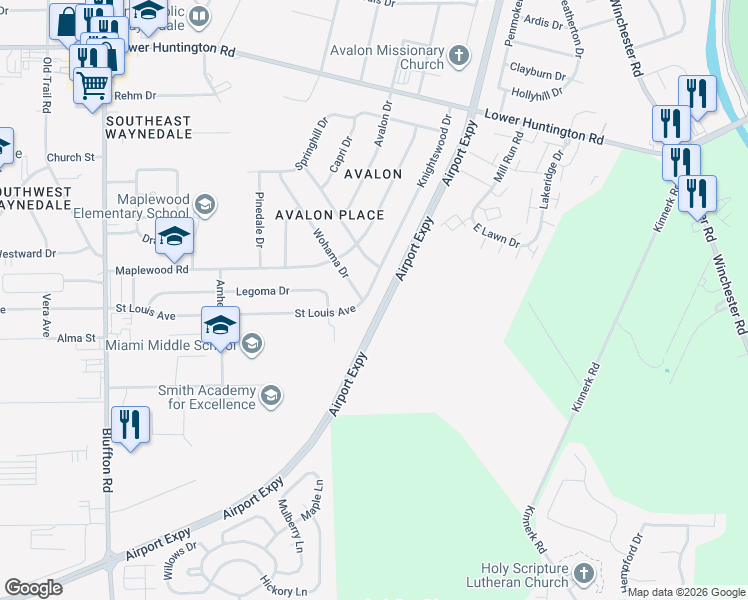 map of restaurants, bars, coffee shops, grocery stores, and more near 1605 Saint Louis Avenue in Fort Wayne