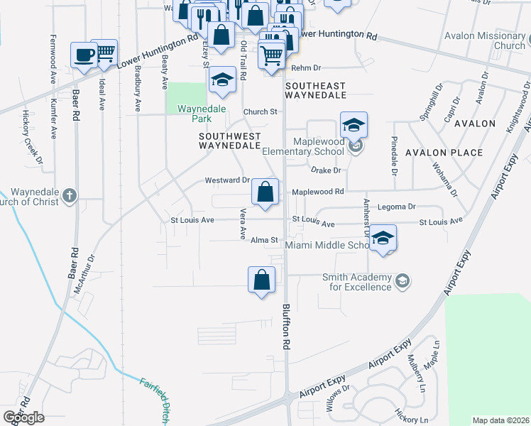 map of restaurants, bars, coffee shops, grocery stores, and more near 2409 Saint Louis Avenue in Fort Wayne