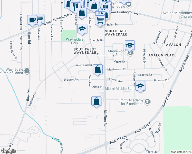 map of restaurants, bars, coffee shops, grocery stores, and more near 2409 Saint Louis Avenue in Fort Wayne