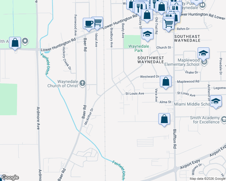 map of restaurants, bars, coffee shops, grocery stores, and more near 7606 Bradbury Ave in Fort Wayne