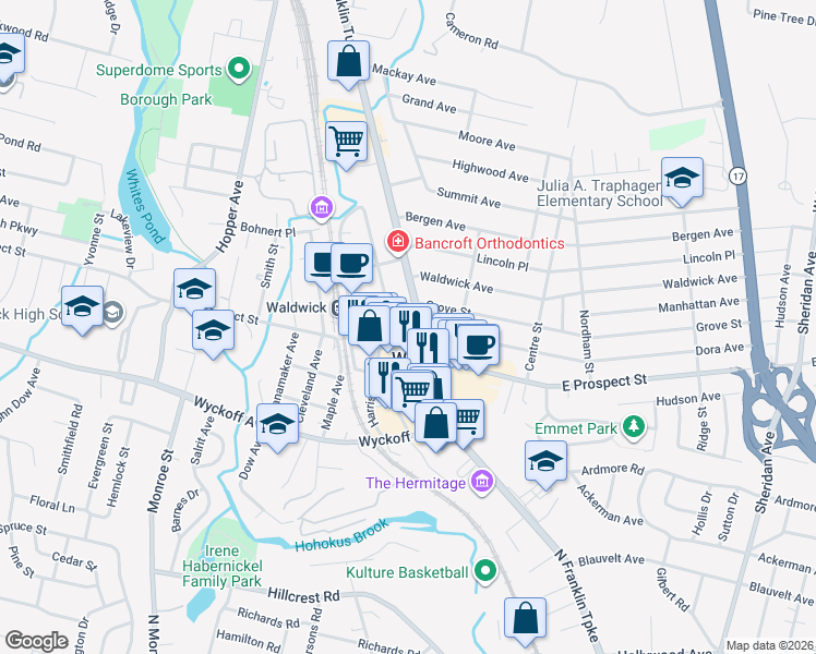 map of restaurants, bars, coffee shops, grocery stores, and more near 13 West Prospect Street in Waldwick