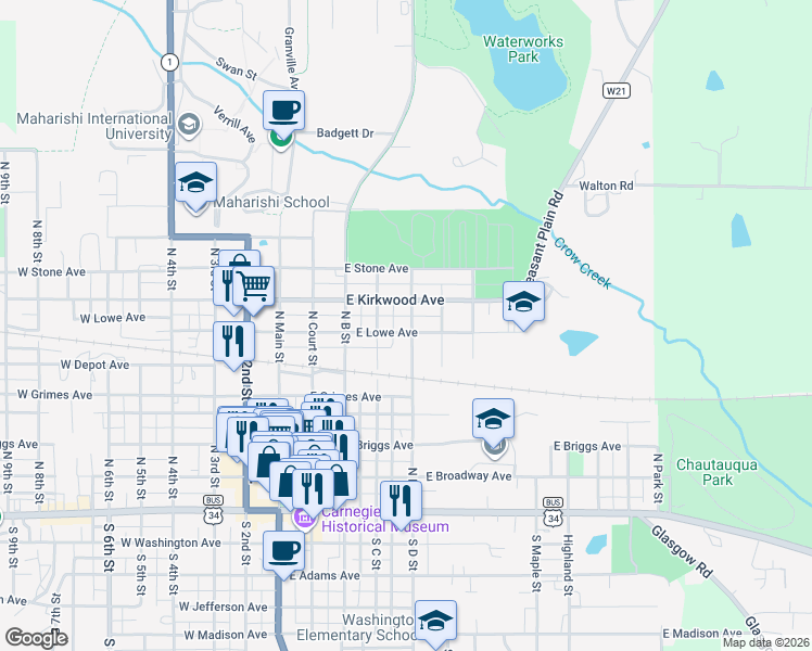 map of restaurants, bars, coffee shops, grocery stores, and more near 401 East Lowe Avenue in Fairfield