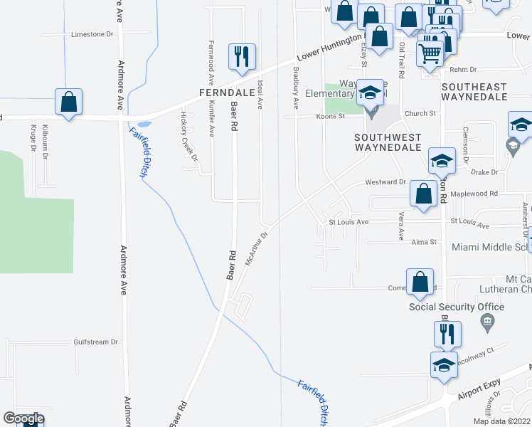map of restaurants, bars, coffee shops, grocery stores, and more near 7513 Ideal Avenue in Fort Wayne