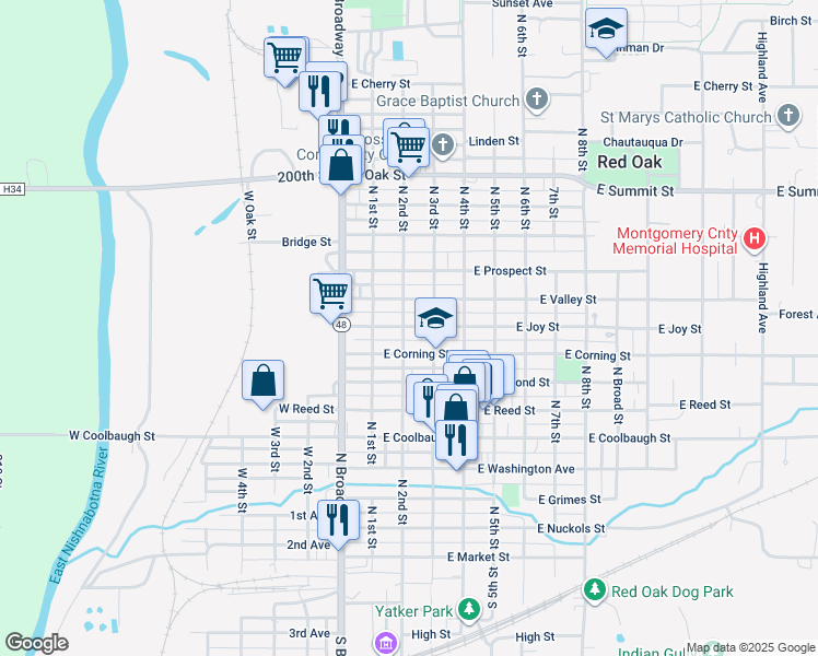 map of restaurants, bars, coffee shops, grocery stores, and more near 111 East Corning Street in Red Oak