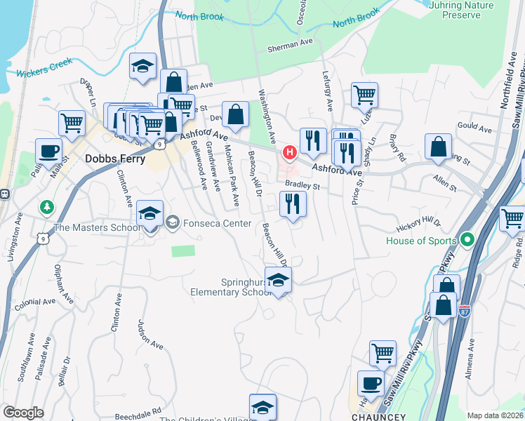 map of restaurants, bars, coffee shops, grocery stores, and more near 103 Beacon Hill Drive in Dobbs Ferry