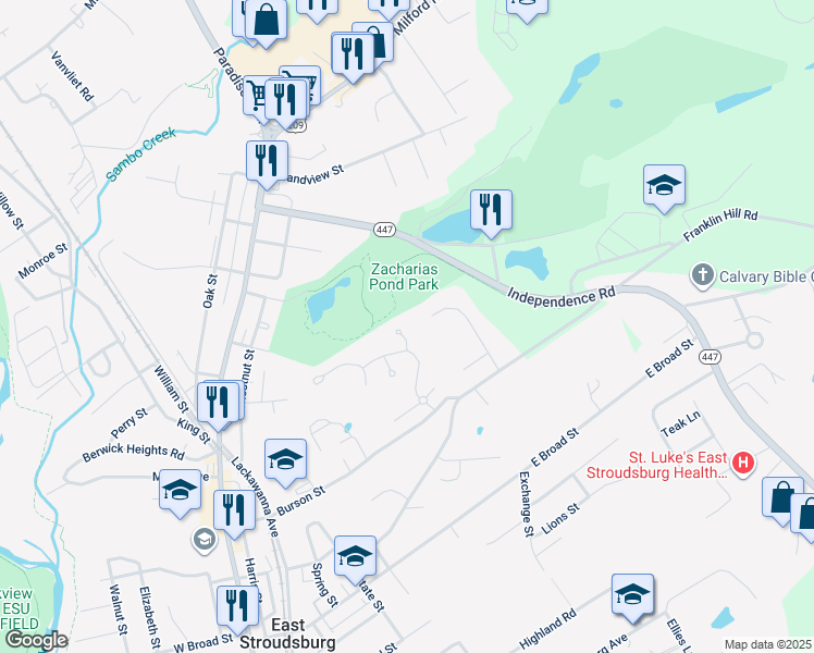 map of restaurants, bars, coffee shops, grocery stores, and more near Jasper Lane in East Stroudsburg