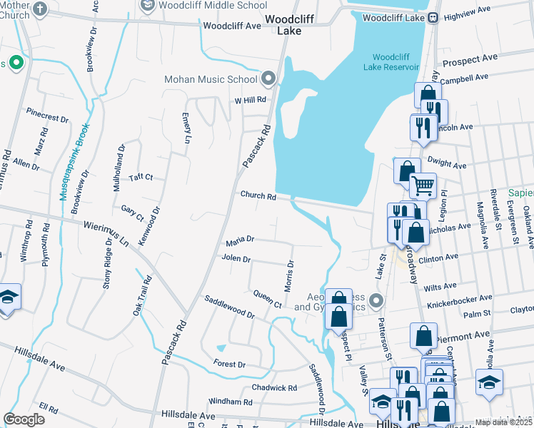 map of restaurants, bars, coffee shops, grocery stores, and more near 5 Nancy Drive in Hillsdale