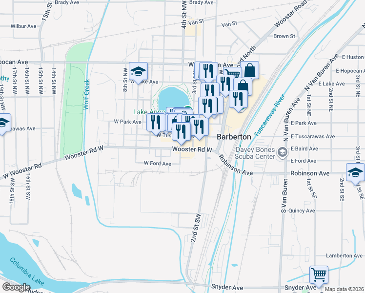 map of restaurants, bars, coffee shops, grocery stores, and more near 27 4th Street Northwest in Barberton