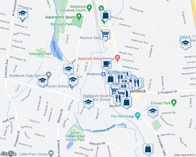 map of restaurants, bars, coffee shops, grocery stores, and more near 45 West Prospect Street in Waldwick