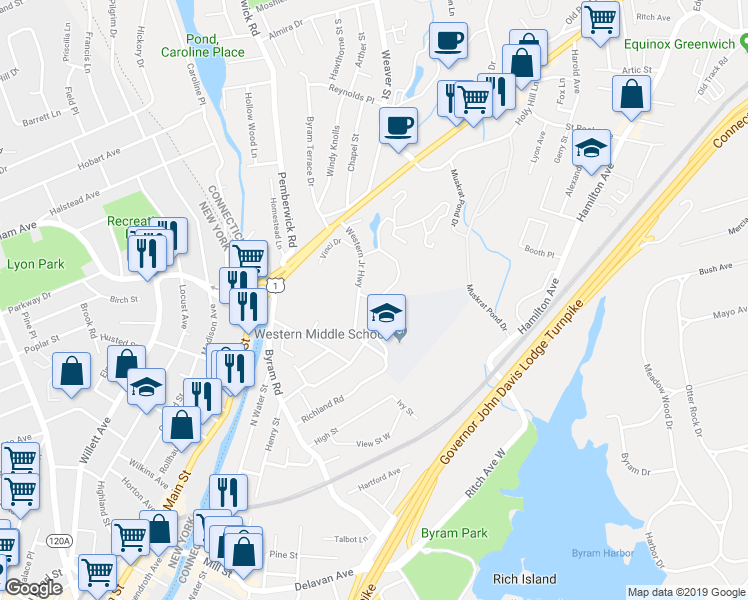 map of restaurants, bars, coffee shops, grocery stores, and more near 15 Putnam Green in Greenwich