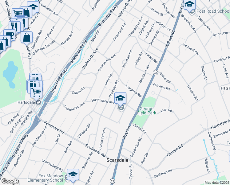 map of restaurants, bars, coffee shops, grocery stores, and more near 39 Huntington Avenue in Scarsdale