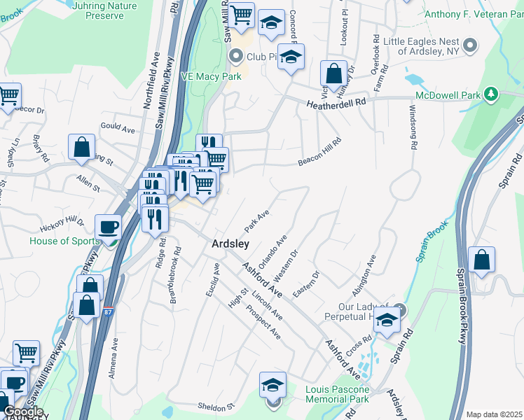 map of restaurants, bars, coffee shops, grocery stores, and more near 15 Park Avenue in Ardsley
