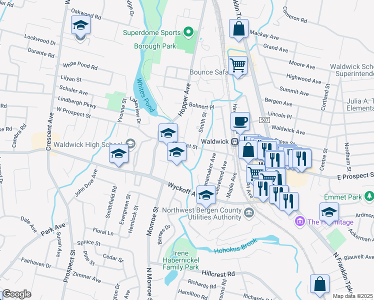 map of restaurants, bars, coffee shops, grocery stores, and more near 12 Chopek Lane in Waldwick
