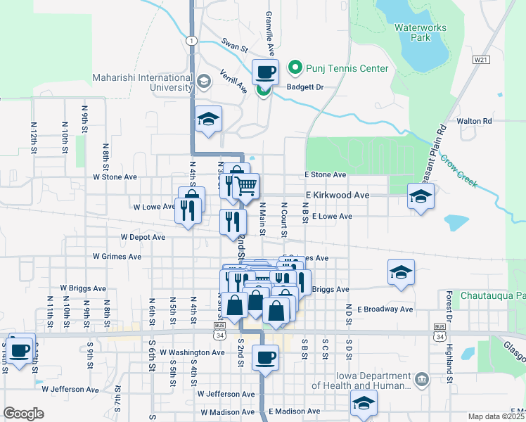 map of restaurants, bars, coffee shops, grocery stores, and more near 413 North Main Street in Fairfield