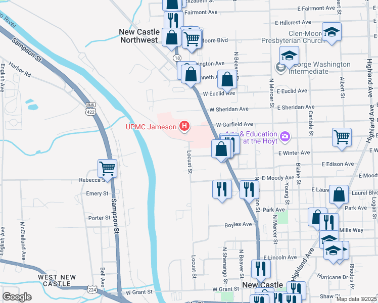 map of restaurants, bars, coffee shops, grocery stores, and more near 1007 Locust Street in New Castle