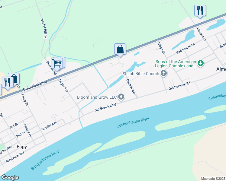 map of restaurants, bars, coffee shops, grocery stores, and more near 16 West Park Street in Bloomsburg