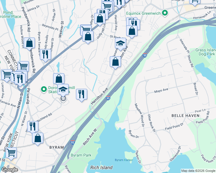 map of restaurants, bars, coffee shops, grocery stores, and more near Governor John Davis Lodge Turnpike in Greenwich