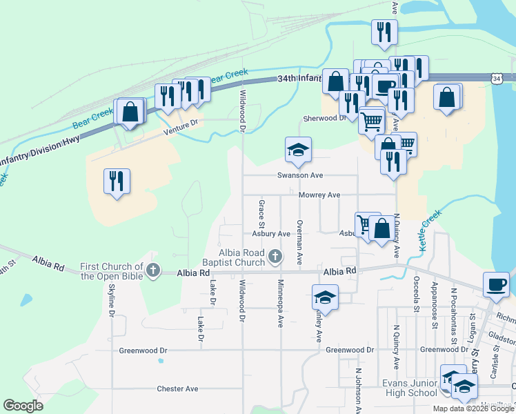 map of restaurants, bars, coffee shops, grocery stores, and more near 1801-1899 Mowrey Ave in Ottumwa