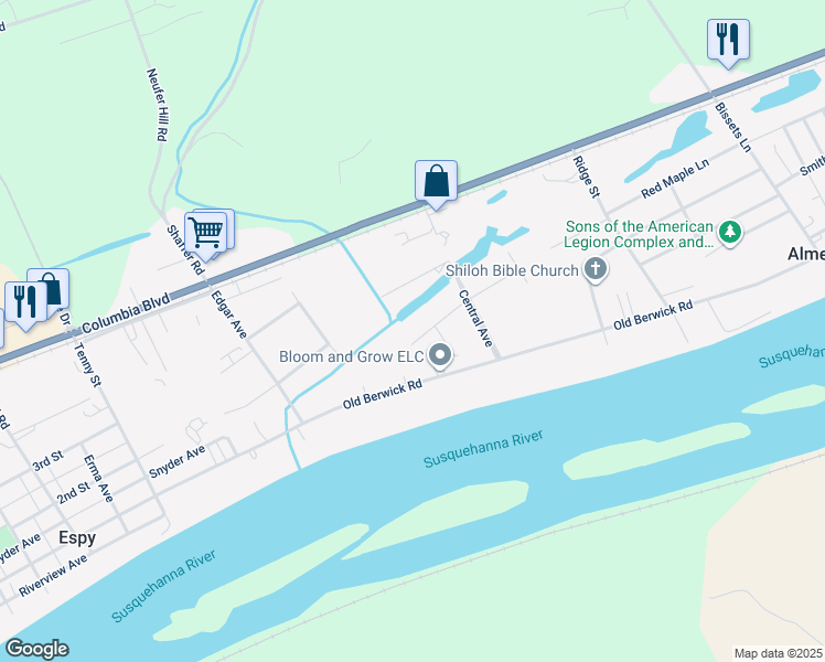 map of restaurants, bars, coffee shops, grocery stores, and more near 16 West Park Street in Bloomsburg