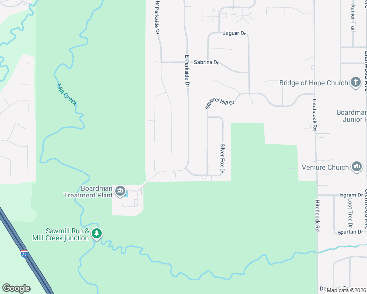 map of restaurants, bars, coffee shops, grocery stores, and more near 7694 East Parkside Drive in Youngstown
