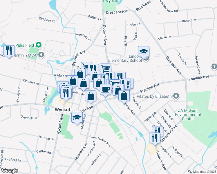 map of restaurants, bars, coffee shops, grocery stores, and more near 319 Franklin Avenue in Wyckoff
