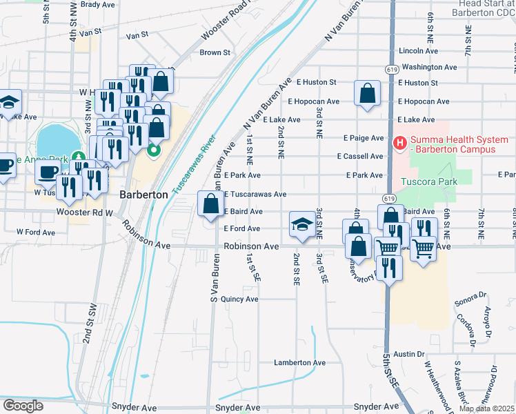 map of restaurants, bars, coffee shops, grocery stores, and more near 203 East Tuscarawas Avenue in Barberton