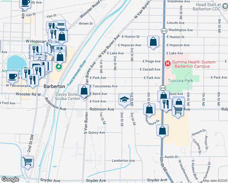 map of restaurants, bars, coffee shops, grocery stores, and more near 249 East Baird Avenue in Barberton