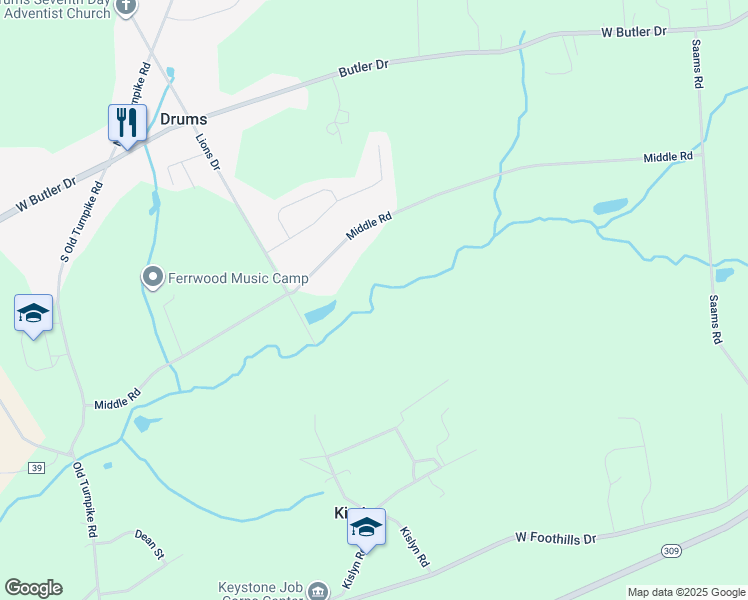 map of restaurants, bars, coffee shops, grocery stores, and more near Middle Road in Drums