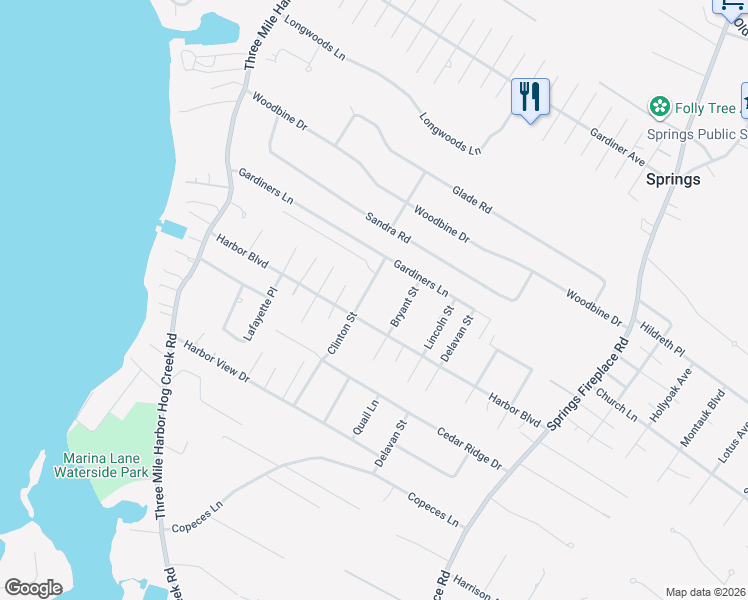 map of restaurants, bars, coffee shops, grocery stores, and more near 5 Clinton Street in East Hampton