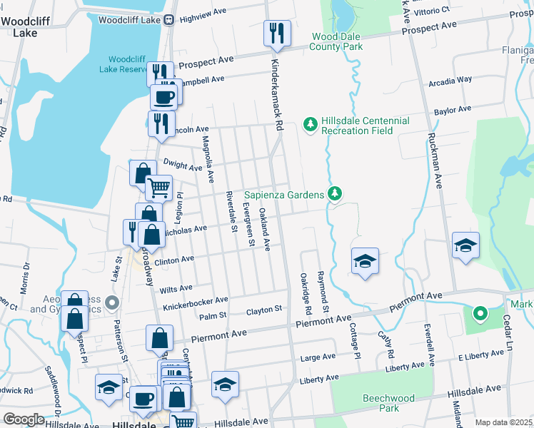 map of restaurants, bars, coffee shops, grocery stores, and more near 113 Oakland Avenue in Hillsdale