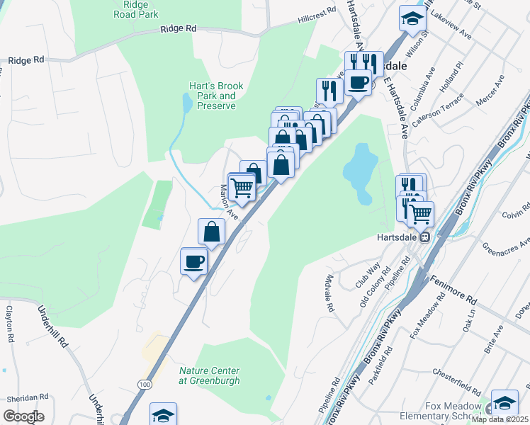 map of restaurants, bars, coffee shops, grocery stores, and more near 221 Central Park Avenue in Hartsdale