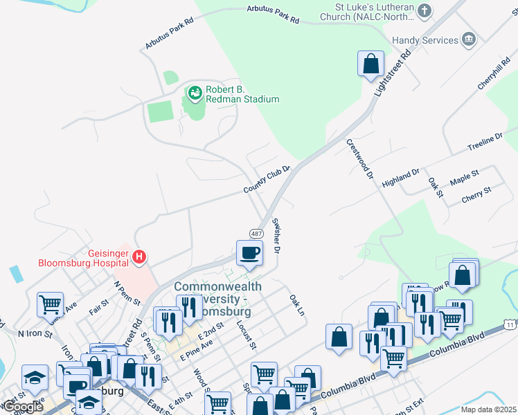 map of restaurants, bars, coffee shops, grocery stores, and more near 3 Country Club Road in Bloomsburg