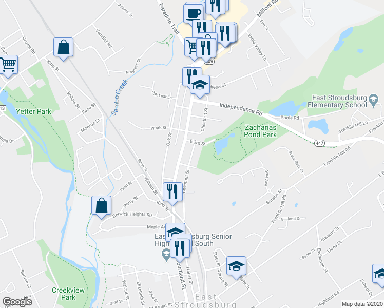 map of restaurants, bars, coffee shops, grocery stores, and more near 512 Chestnut Street in East Stroudsburg