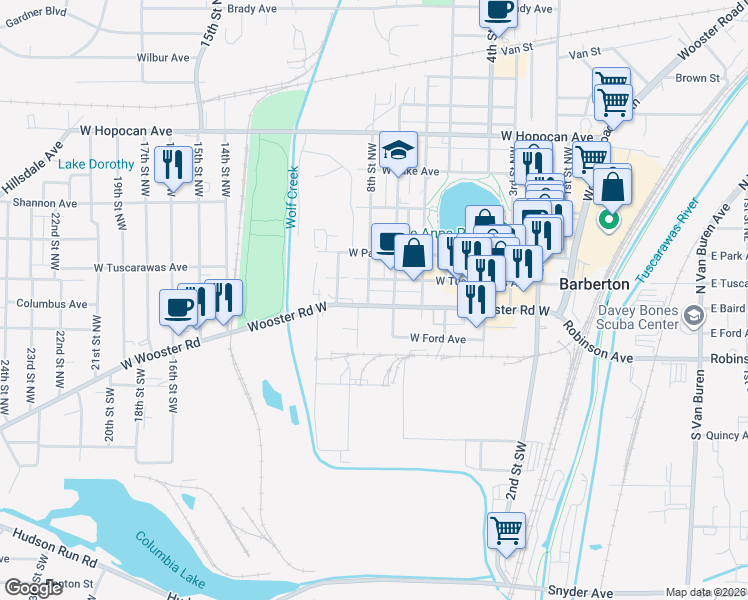 map of restaurants, bars, coffee shops, grocery stores, and more near 82 8th Street Northwest in Barberton