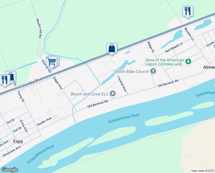map of restaurants, bars, coffee shops, grocery stores, and more near 14 West Park Street in Bloomsburg
