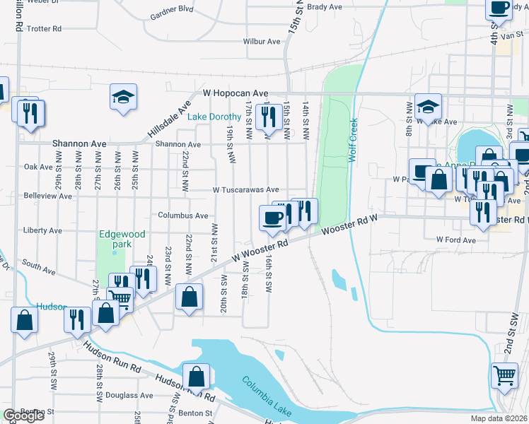 map of restaurants, bars, coffee shops, grocery stores, and more near 58 16th Street Northwest in Barberton