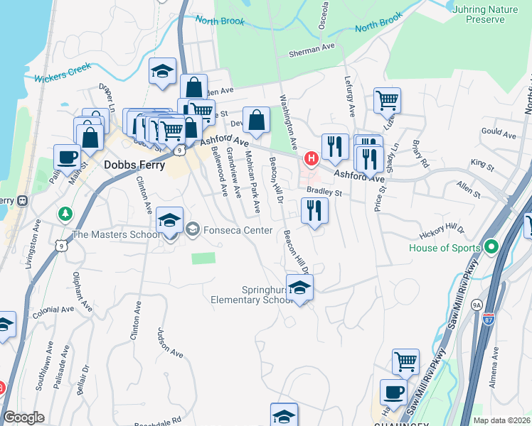 map of restaurants, bars, coffee shops, grocery stores, and more near 24-82 Beacon Hill Drive in Dobbs Ferry