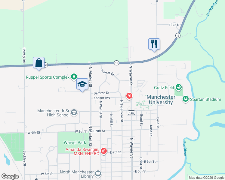 map of restaurants, bars, coffee shops, grocery stores, and more near 210 Grandview Court in North Manchester