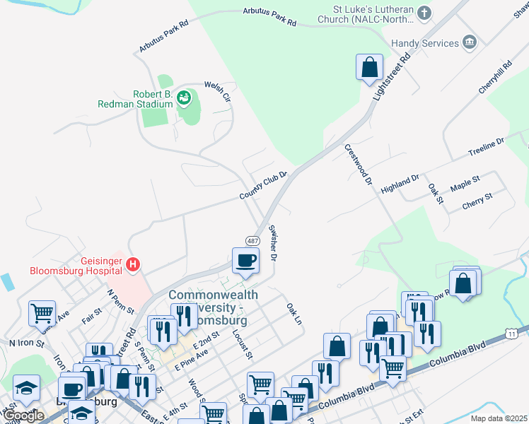 map of restaurants, bars, coffee shops, grocery stores, and more near 3 Country Club Road in Bloomsburg