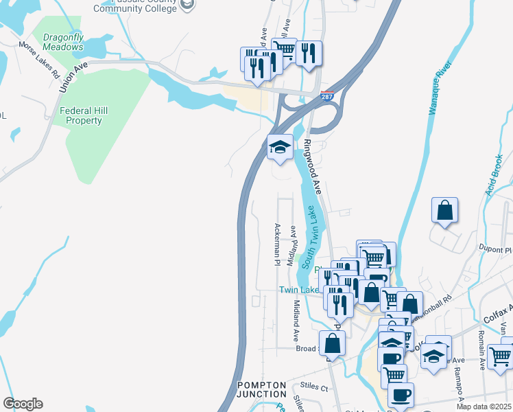 map of restaurants, bars, coffee shops, grocery stores, and more near 207 Federal Hill Road in Pompton Lakes