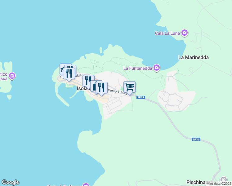 map of restaurants, bars, coffee shops, grocery stores, and more near 68 SP39 in Isola Rossa