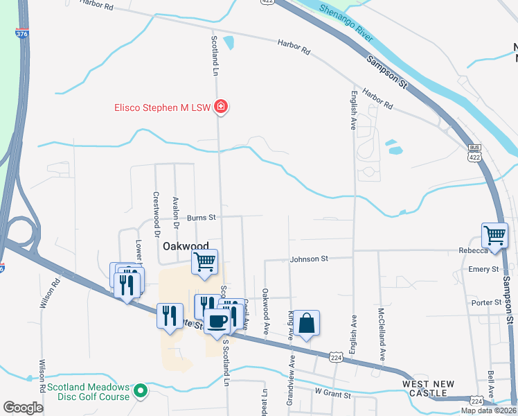 map of restaurants, bars, coffee shops, grocery stores, and more near 1804 Burns Street in New Castle