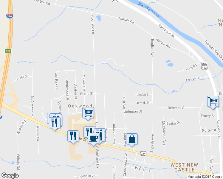 map of restaurants, bars, coffee shops, grocery stores, and more near 1804 Burns Street in New Castle