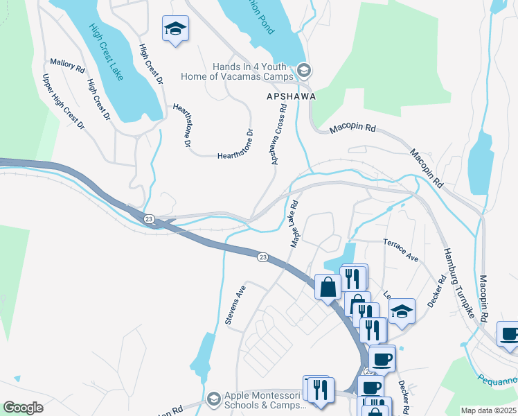 map of restaurants, bars, coffee shops, grocery stores, and more near 94 Apshawa Cross Road in West Milford