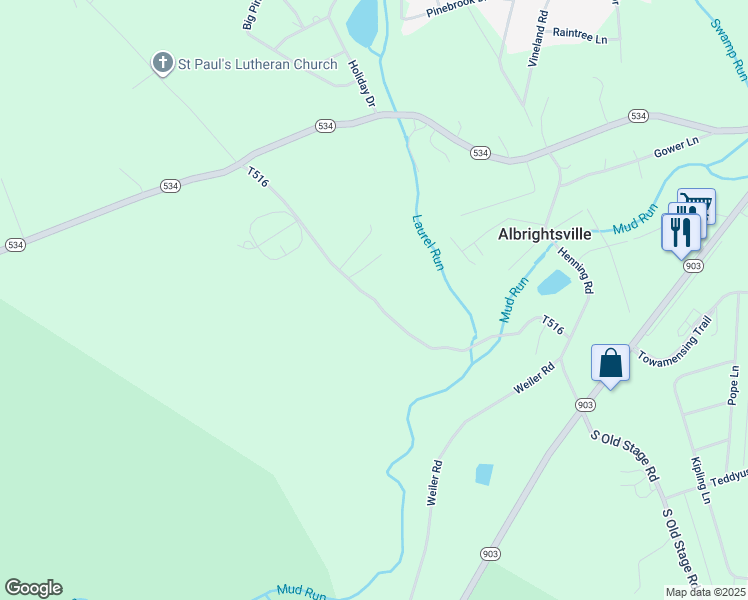 map of restaurants, bars, coffee shops, grocery stores, and more near North Old Stage Road in Albrightsville