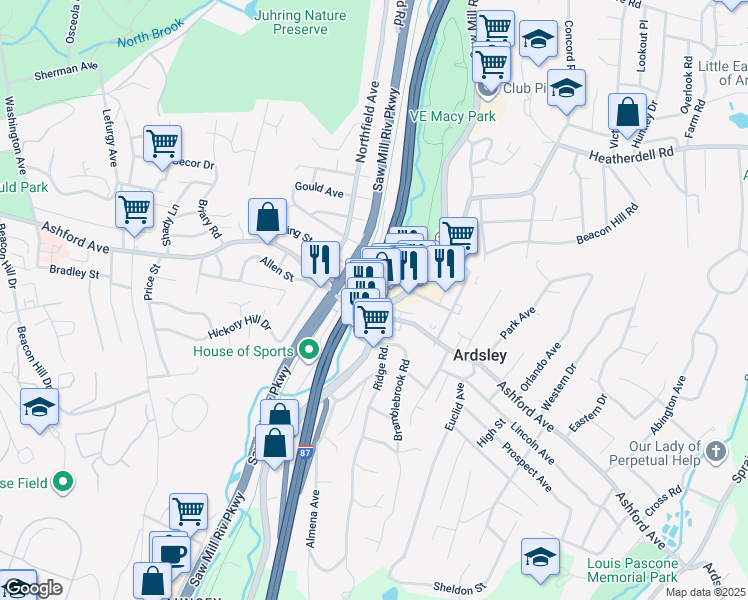 map of restaurants, bars, coffee shops, grocery stores, and more near 692 Saw Mill River Road in Ardsley