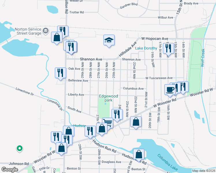 map of restaurants, bars, coffee shops, grocery stores, and more near 180 25th Street Northwest in Barberton