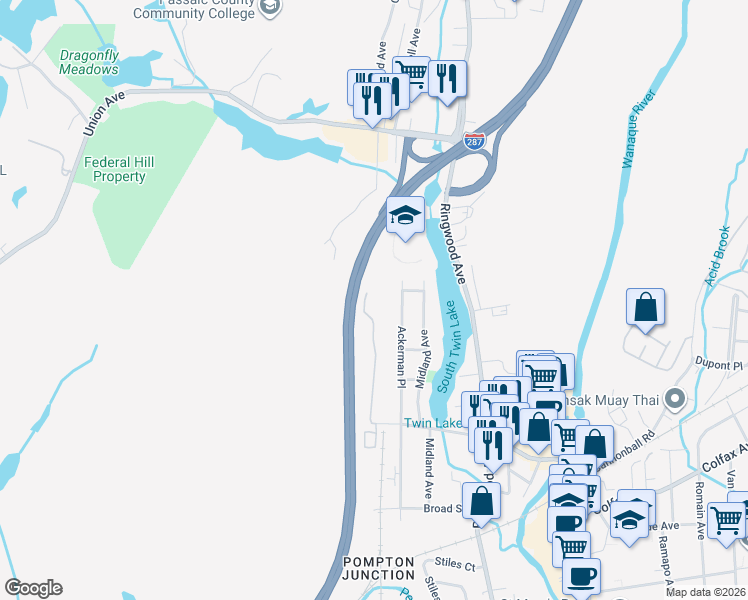 map of restaurants, bars, coffee shops, grocery stores, and more near 207 Federal Hill Road in Pompton Lakes