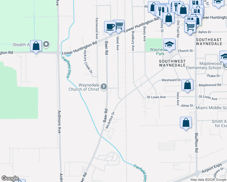 map of restaurants, bars, coffee shops, grocery stores, and more near 7506 Ideal Avenue in Fort Wayne